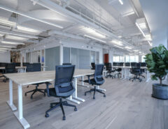 Large open plan office space with high ceilings and timber floors